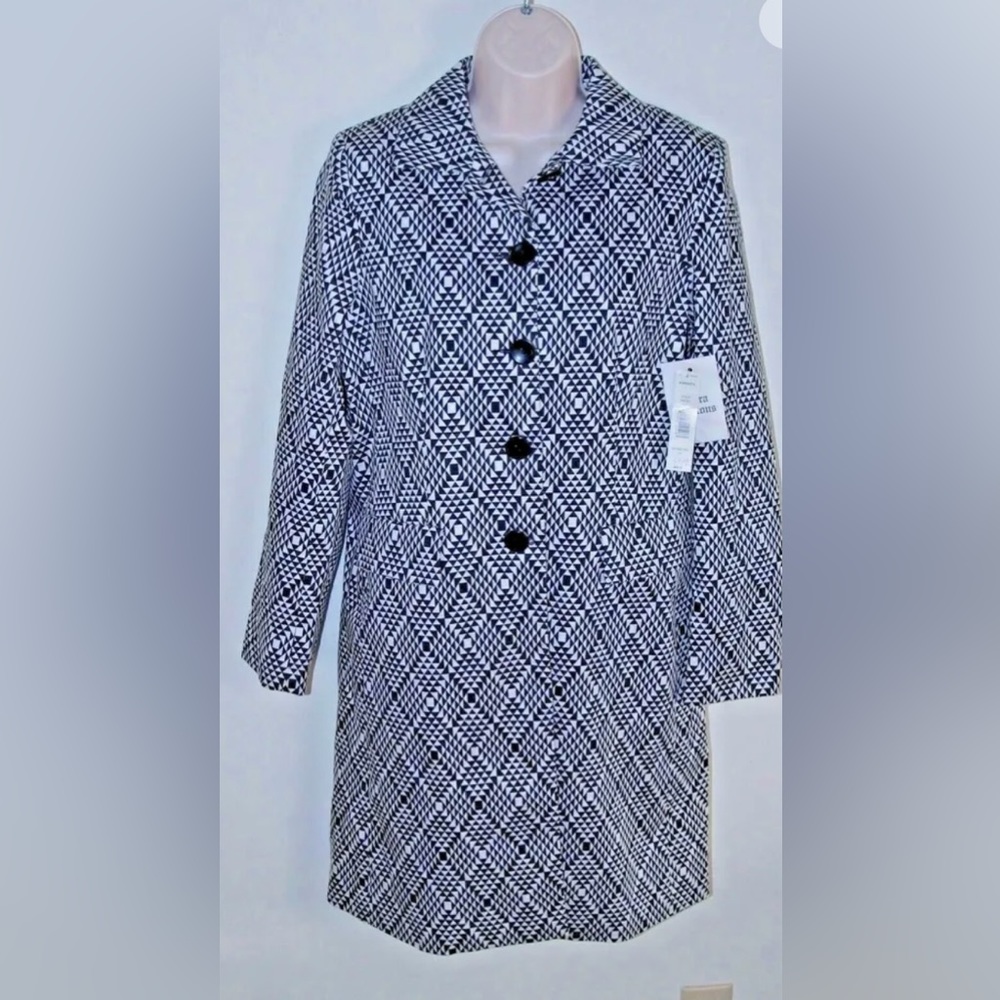 Women's Lightweight Coat SZ 6 Black White Geometric Fully Lined Jacket/coat